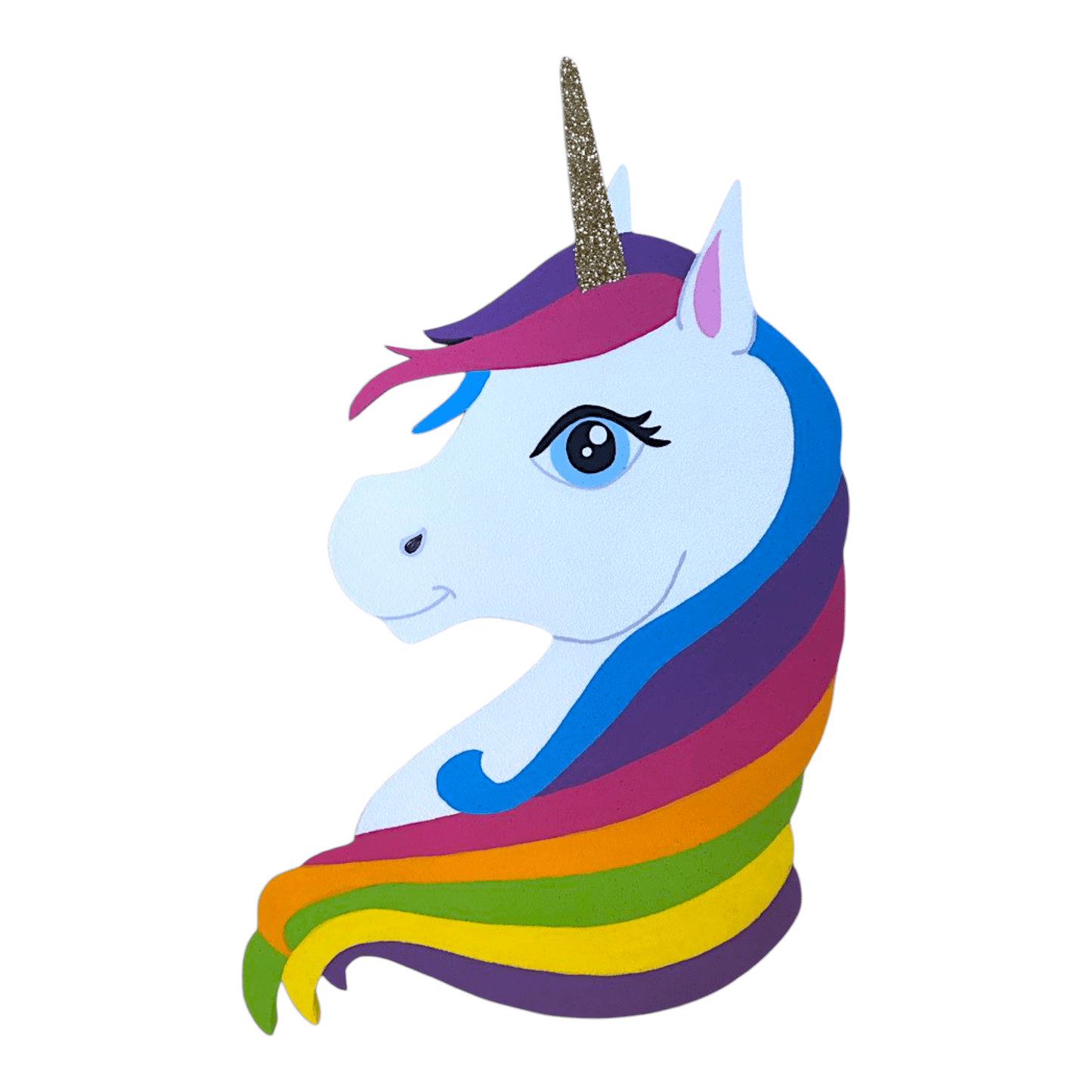 Handmade rainbow unicorn foam head cutout – bright birthday party centerpiece for girls