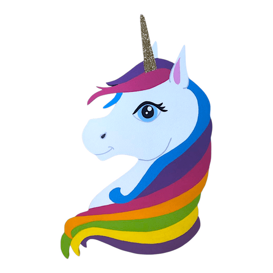 Handmade rainbow unicorn foam head cutout – bright birthday party centerpiece for girls