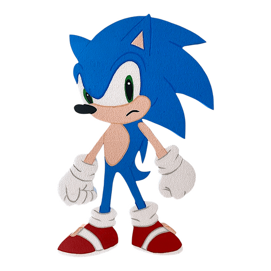 Sonic foam cutout displayed on themed birthday party table