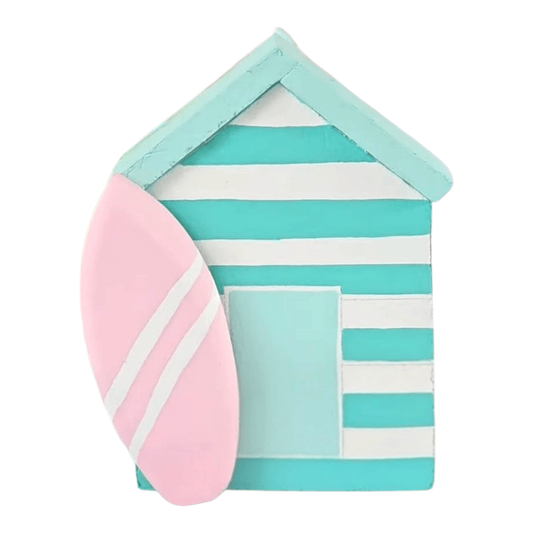 Striped beach house centerpiece with surfboard front for coastal-themed party decoration