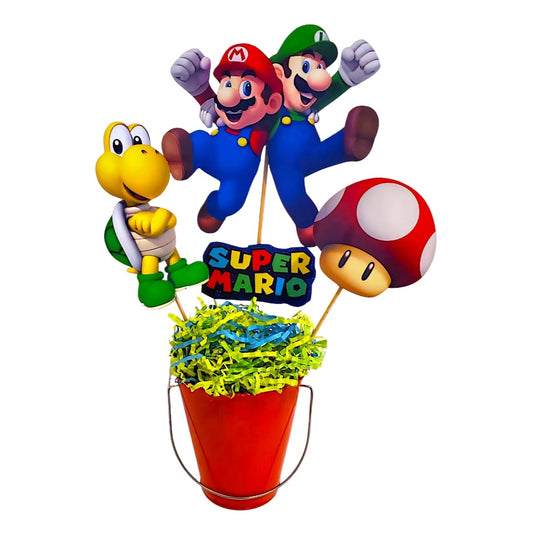 Super Mario centerpiece on cake table with red pail and foam characters