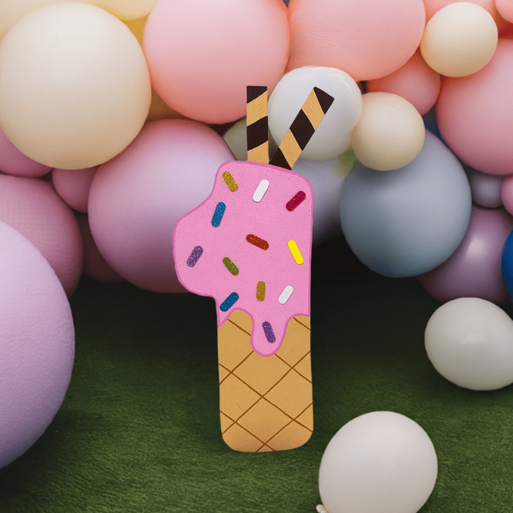 Handmade style number one ice cream graphic with two straws and chocolate topping, perfect for kids' birthdays