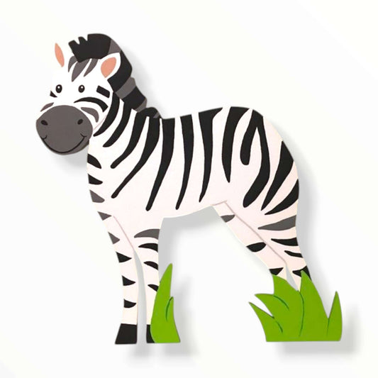 Handmade painted zebra foam cutout character, available in sizes 12 to 48 inches, perfect for safari and jungle-themed birthday parties